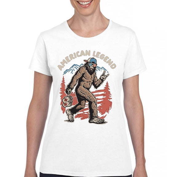 American Legend Bigfoot T-Shirt Patriotic Funny Sasquatch Fan 4 July USA Flag Beer BBQ Tailgate Party Women's Tee