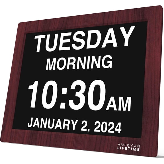 American Lifetime 2026 Dementia Clock Large Display Digital Clock with Day, Date & Custom Alarms, for Seniors & Alzheimers, Auto-Dimming, Multi-Language, 15" Mahogany