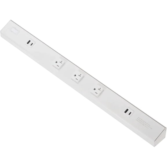 American Lighting ATOM 24-Inch Hardwired Under Cabinet Power Strip, 120V, 3 Tamper-Resistant Outlets, USB-A, USB-C, Low Profile, White, ATOM-120V-24-WH