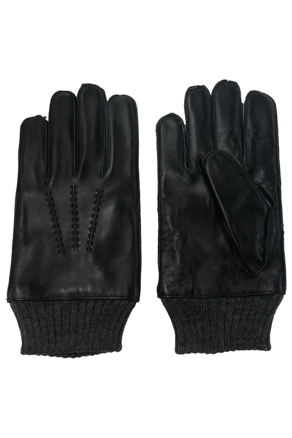 Mens Black Leather Gloves Acrylic Cuff Fleece Lined X-Large