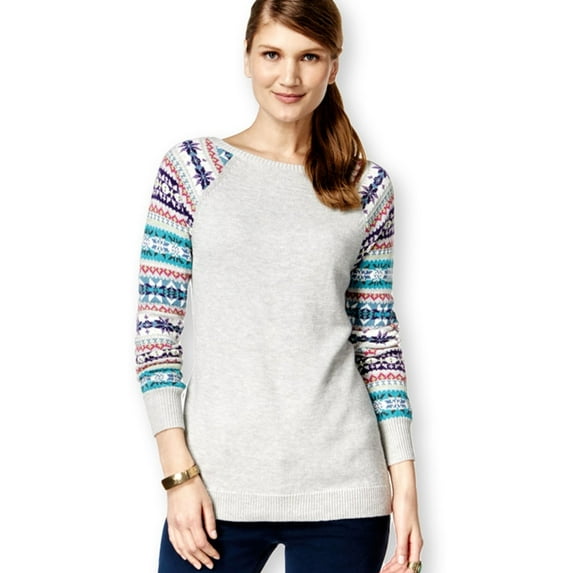 American Living Womens Fair-Isle Sleeves Pullover Sweater, Grey, XX-Large