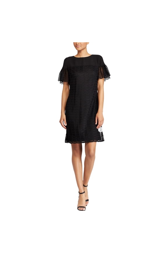 Womens Flutter-Sleeve Shift Cocktail Dress, Black, 4