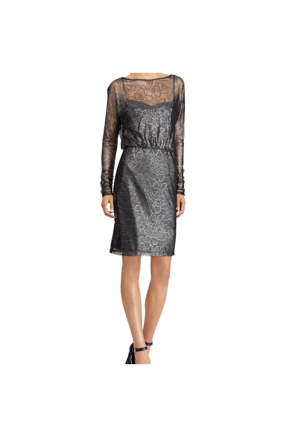 Womens Floral Lace Cocktail Dress, Metallic, 4