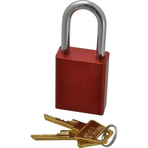 American Lock Keyed Alike Lockout Padlock 1-1/2" Shackle Clearance, 1/4" Shackle Diam, 1.8" Body Height x 1-1/2" Body Width, Aluminum Body, Steel Shaft, Red, 5 Pins, Conductive