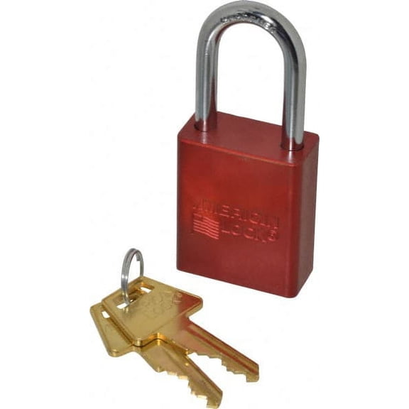 American Lock Keyed Alike Lockout Padlock 1-1/2" Shackle Clearance, 1/4" Shackle Diam, 1.8" Body Height x 1-1/2" Body Width, Aluminum Body, Steel Shaft, Red, 5 Pins, Conductive