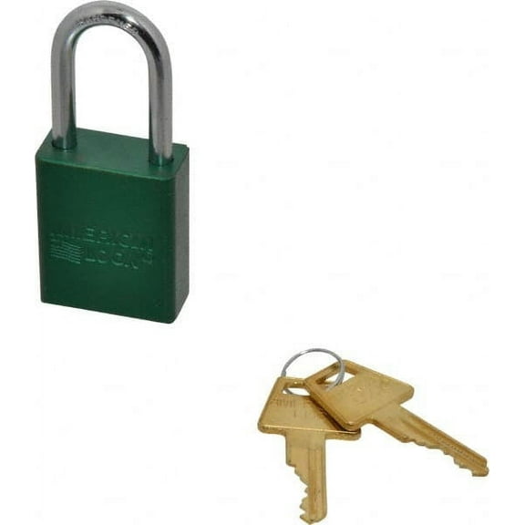 American Lock Keyed Alike Lockout Padlock 1-1/2" Shackle Clearance, 1/4" Shackle Diam, 1.8" Body Height x 1-1/2" Body Width, Aluminum Body, Steel Shaft, Green, 5 Pins, Conductive