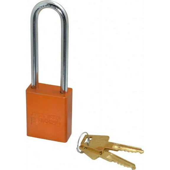 American Lock Keyed Alike Lockout Padlock 3" Shackle Clearance, 1/4" Shackle Diam, 1.8" Body Height x 1-1/2" Body Width, Aluminum Body, Steel Shaft, Orange, 5 Pins, Conductive