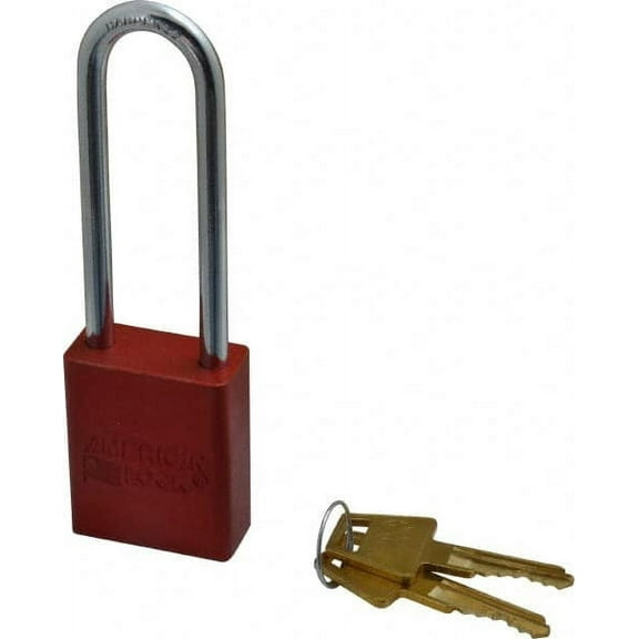 American Lock Keyed Alike Lockout Padlock 3" Shackle Clearance, 1/4" Shackle Diam, 1.8" Body Height x 1-1/2" Body Width, Aluminum Body, Steel Shaft, Red, 5 Pins, Conductive