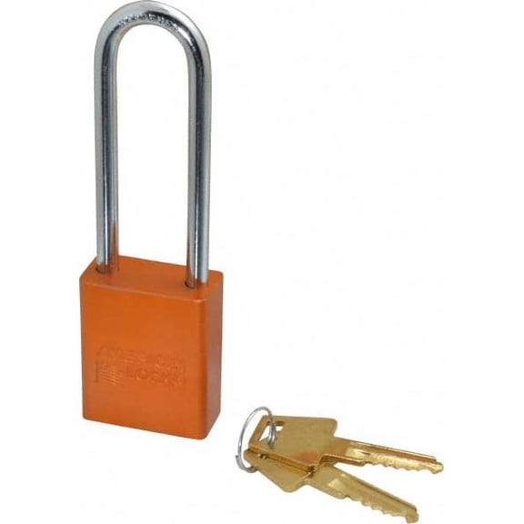 American Lock Keyed Alike Lockout Padlock 3" Shackle Clearance, 1/4" Shackle Diam, 1.8" Body Height x 1-1/2" Body Width, Aluminum Body, Steel Shaft, Orange, 5 Pins, Conductive