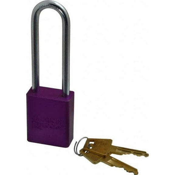 American Lock Keyed Alike Lockout Padlock 3" Shackle Clearance, 1/4" Shackle Diam, 1.8" Body Height x 1-1/2" Body Width, Aluminum Body, Steel Shaft, Purple, 5 Pins, Conductive