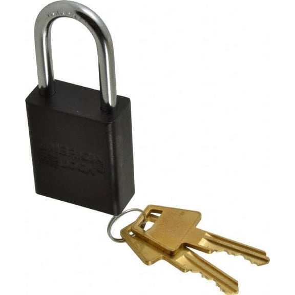 American Lock Keyed Different Lockout Padlock 1-1/2" Shackle Clearance, 1/4" Shackle Diam, 1.8" Body Height x 1-1/2" Body Width, Aluminum Body, Steel Shaft, Black, 5 Pins, Conductive
