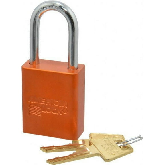 American Lock Keyed Different Lockout Padlock 1-1/2" Shackle Clearance, 1/4" Shackle Diam, 1.8" Body Height x 1-1/2" Body Width, Aluminum Body, Steel Shaft, Orange, 5 Pins, Conductive
