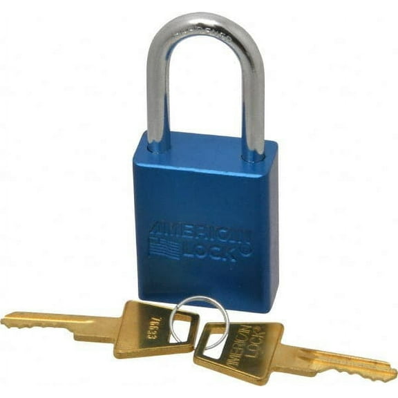 American Lock Keyed Different Lockout Padlock 1-1/2" Shackle Clearance, 1/4" Shackle Diam, 1.8" Body Height x 1-1/2" Body Width, Aluminum Body, Steel Shaft, Blue, 5 Pins, Conductive
