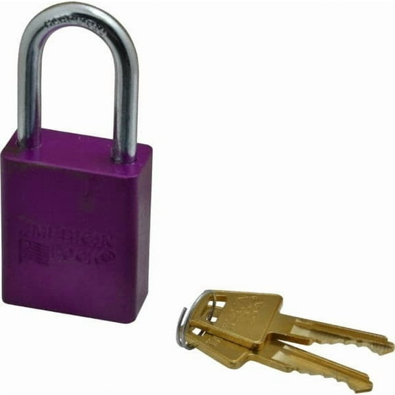 American Lock Keyed Different Lockout Padlock 1-1/2" Shackle Clearance, 1/4" Shackle Diam, 1.8" Body Height x 1-1/2" Body Width, Aluminum Body, Steel Shaft, Purple, 5 Pins, Conductive