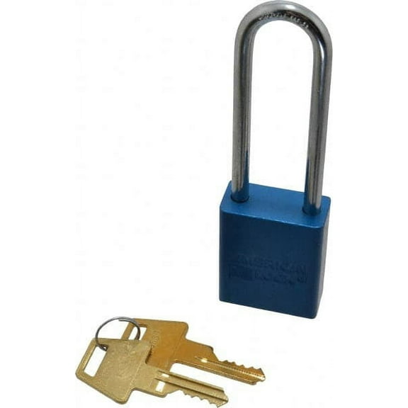American Lock Keyed Different Lockout Padlock 3" Shackle Clearance, 1/4" Shackle Diam, 1.8" Body Height x 1-1/2" Body Width, Aluminum Body, Steel Shaft, Blue, 5 Pins, Conductive