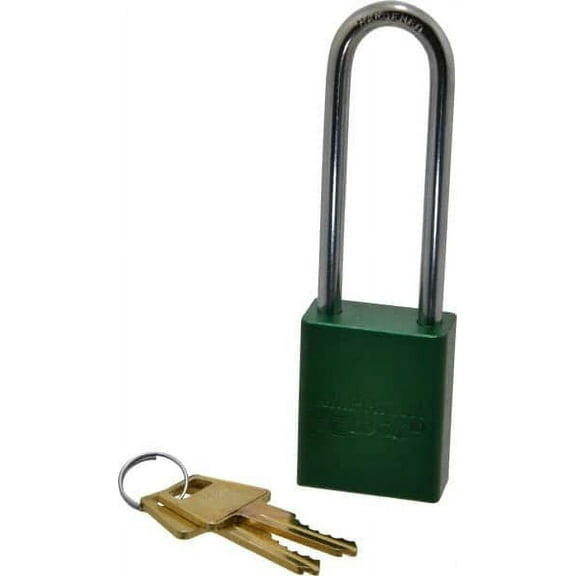 American Lock Keyed Different Lockout Padlock 3" Shackle Clearance, 1/4" Shackle Diam, 1.8" Body Height x 1-1/2" Body Width, Aluminum Body, Steel Shaft, Green, 5 Pins, Conductive