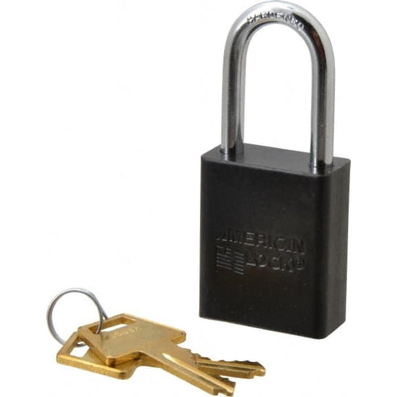 American Lock Keyed Alike Lockout Padlock 1-1/2" Shackle Clearance, 1/4" Shackle Diam, 1.8" Body Height x 1-1/2" Body Width, Aluminum Body, Steel Shaft, Black, 5 Pins, Conductive