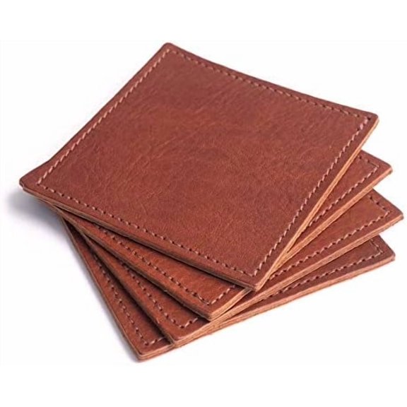 American Made Leather Coasters - Premium Full Grain Leather, Double Layered Square Rustic Brown Coaster Set, 4x4 - Handmade in The USA - Set of 4$$Home Decor, Kitchen, & Other