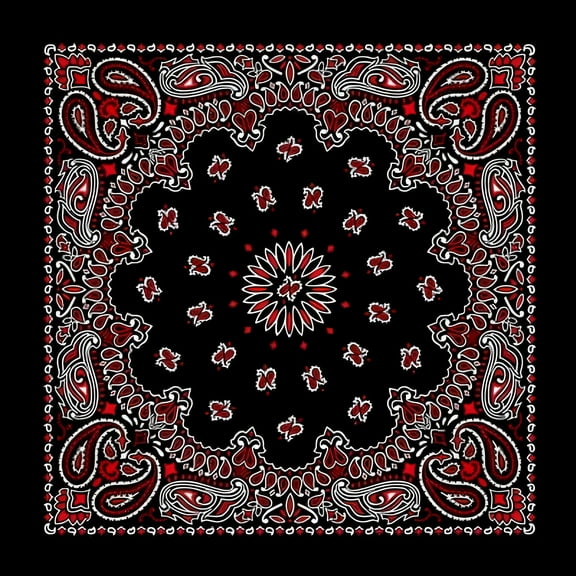 American Made Red and White on Black Western Paisley Bandana 22x22