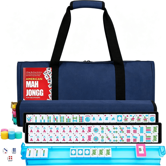 Mini American MahJongg Set, 166 Tiles Complete Game Set with 4 Racks Pushers, Blue Carry Bag, Dice, Wind Indicator, Scoring Chips for Family Party Game Night