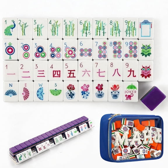 American Mahjong 4 Layer Mahjong Tiles Set 160 Acrylic Mahjong Tiles Set American with Engraved Design Travel Mahjong Set with Carrying Bag for Game Night Gift (P)