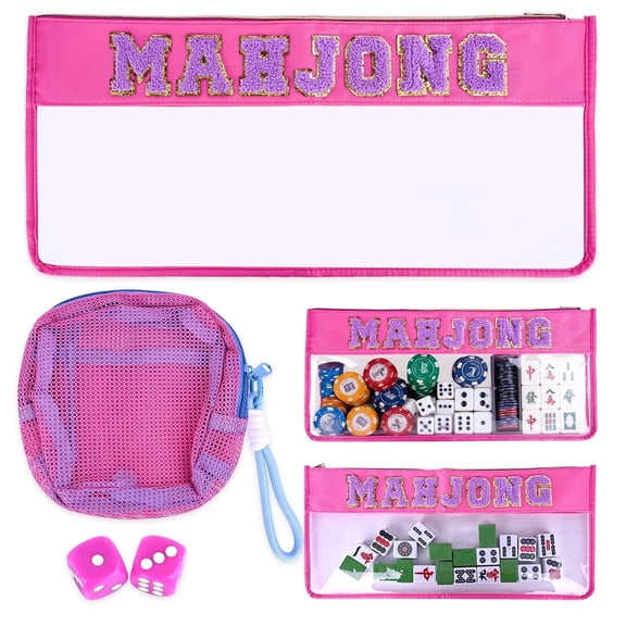 American Mahjong Bag Empty Case with Zipper& Embroidered Letters - Includes Bonus Dice & Mahjong chips bag for Complete Storage, Mahjong Tile Set Case for Tile Lovers (Pink)