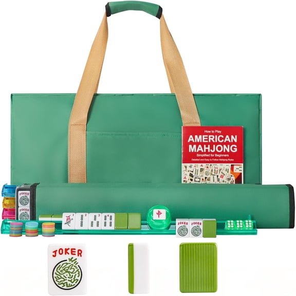 American Mahjong Game Set, 166 Green Tiles, 4 All-in-One Color Rack/Pushers, Complete Tile SetGreen Carrying Bag