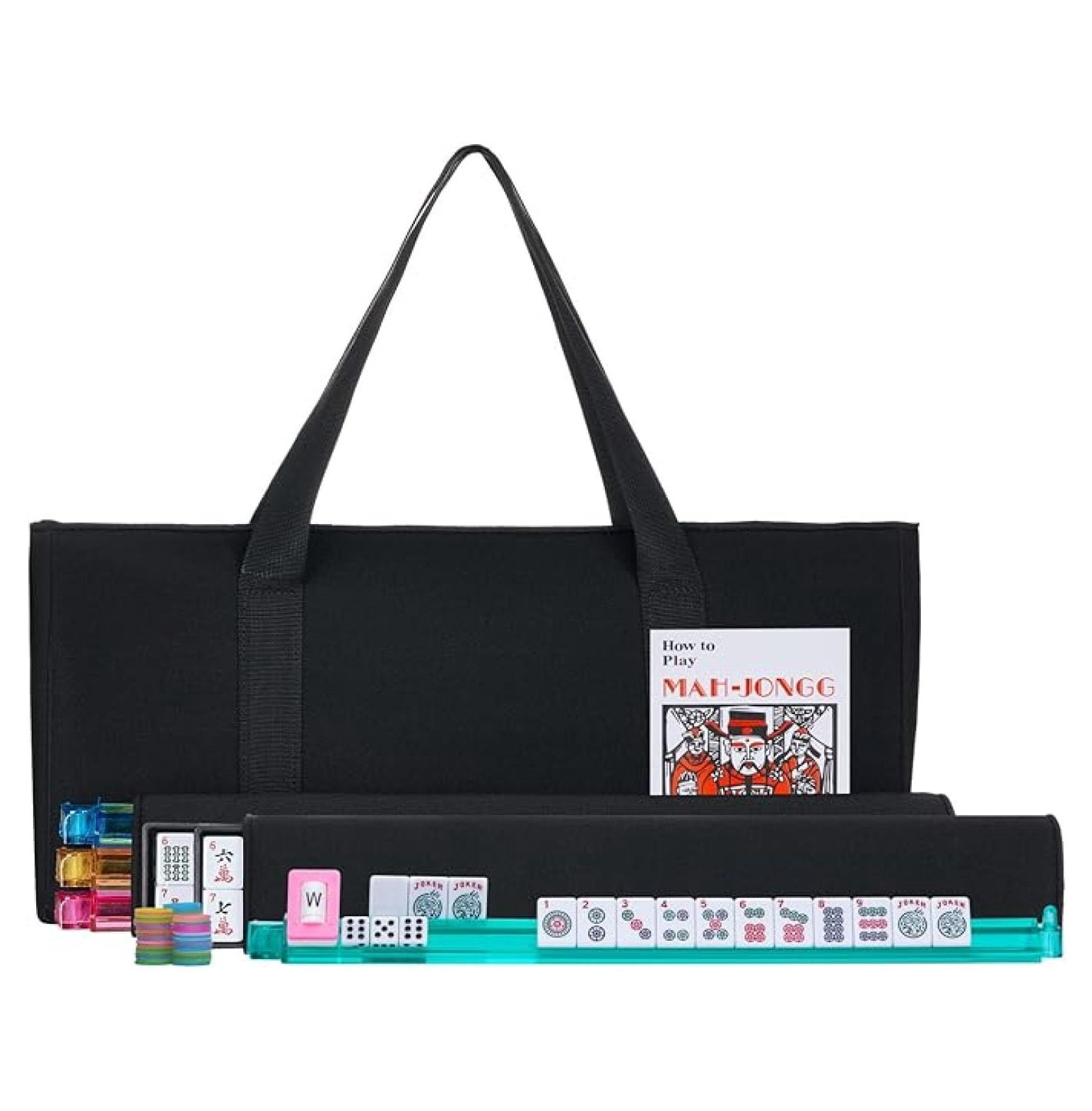 American Mahjong Game Set Black Soft Bag 166 Engraved Tiles 4 Racks Pushers Western Mah Jongg