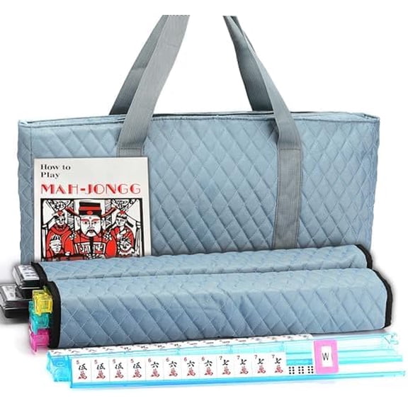 American Mahjong Game Set - Pearl Gray Quilted Soft Bag - 166 White Engraved Tiles, 4 All-in-One Rack/Pushers Complete Western Mah-Jongg, Maj Jongg, Ma Jong Set