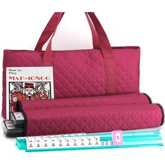 American Mahjong Game Set - Red (Burgundy) Quilted Soft Bag - 166 White Engraved Tiles, 4 All-in-One Rack/Pushers Complete Western Mah-Jongg, Maj Jongg, Ma Jong Set