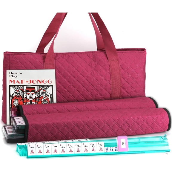 American Mahjong Game Set - Red (Burgundy) Quilted Soft Bag - 166 White Engraved Tiles, 4 All-in-One Rack/Pushers Complete Western Mah-Jongg, Maj Jongg, Ma Jong Set