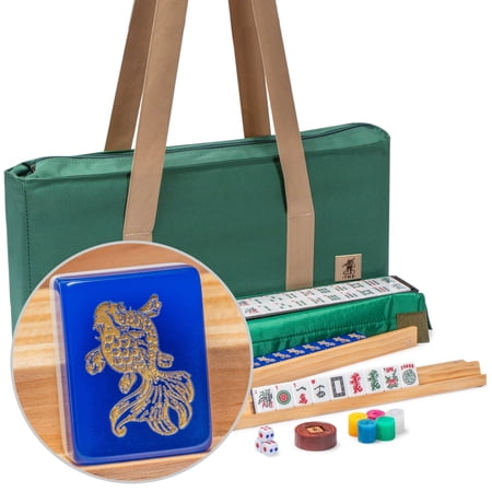 American Mahjong ''Golden Koi Fish" Blue 166-Tile, Racks, Puchers, Wind, Coins, Green Soft Case