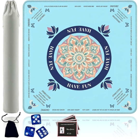 American Mahjong Mat 32"x32", Smooth Polyester Table Cover with Rubber Base | Blue Mah Jongg Playmat with Rules Guide, Storage Bag | Quiet Tablecloth for Family Game Nights