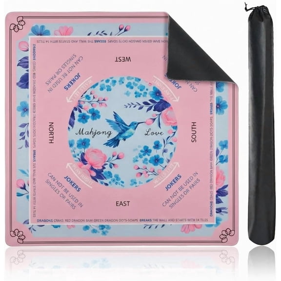 American Mahjong Mat with Rule Reference, 31.5" Square Non-Slip Table Cover for Game Night, Clubs & Travel, Noise-Reducing Rubber Base, Floral Hummingbird Design with Carry Bag