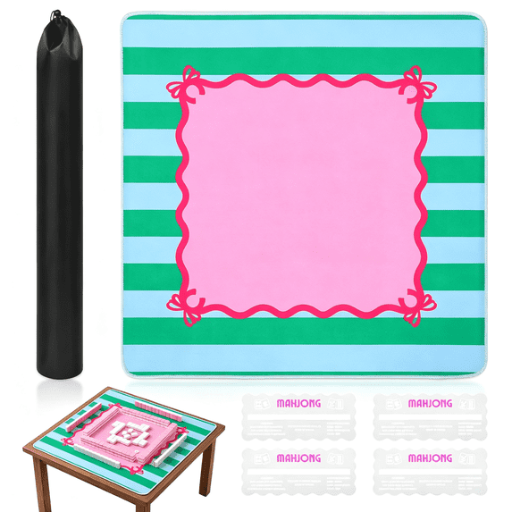 American Mahjong Mat with Rules Card Sliders, 31.5 Inch Striped Board Game Cover, Ships Rolled in Carrying Bag for Dominoes and Poker