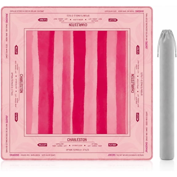 American Mahjong Mat with Rules for Mah Jongg, 31.5 x 31.5 in Foldable Table Mat, Non Slip Rubber Backing, Noise Reducing Surface for Tiles and Racks, Raspberry Pink Stripe