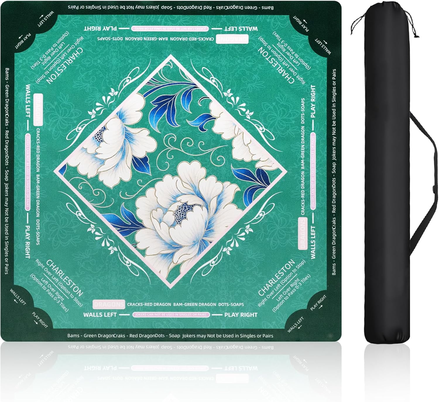 American Mahjong Mat with Rules for Table Floral Bird Design Non Slip Noise Reduction Mah Jong Mat Mahjong Table Mat with Carry Bag for Playing Tiles Poker Board Games(Avocado Green)