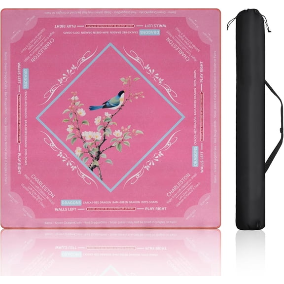 American Mahjong Mat with Rules for Table Floral Bird Design Non Slip Noise Reduction Mah Jong Mat Mahjong Table Mat with Carry Bag for Playing Tiles Poker Board Games(Light Pink)
