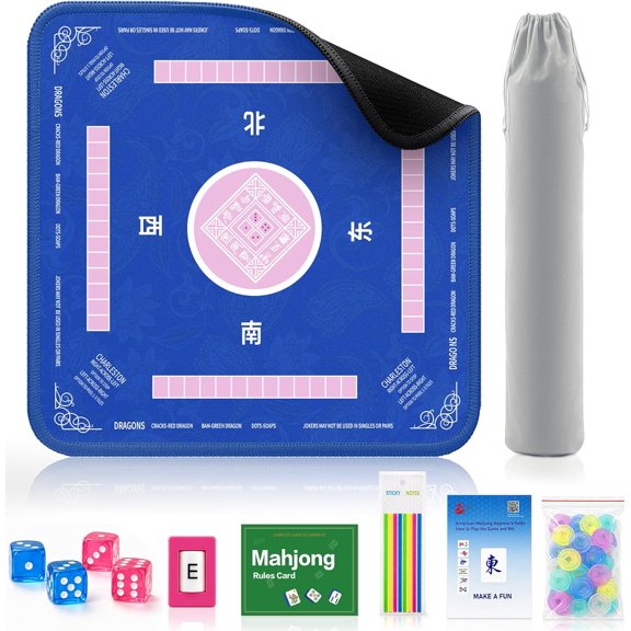 American Mahjong Mat Set, 32.4”x32.4” Non-Slip Waterproof Mahjong Table Mat with Storage Bag, Dice, Wind Marker, Rules Cards & Scoring Chips, Noise Reducing Travel Mahjong Accessories