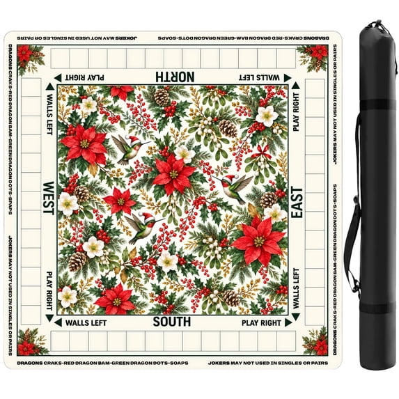 American Mahjong Mat with Rules, Christmas Hummingbird Poinsettia Design, 31.5 x 31.5 Inch, Non-Slip Waterproof Mahjong Table Mat with Carry Bag