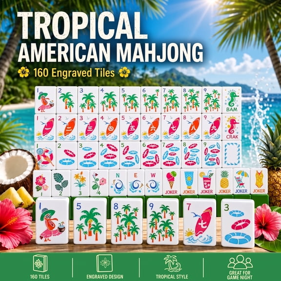 American Mahjong Set, 160 Green Engraved Mahjong Tiles , With Storage Bag Tropical Summer Design for Beginners, Game Night & Travel