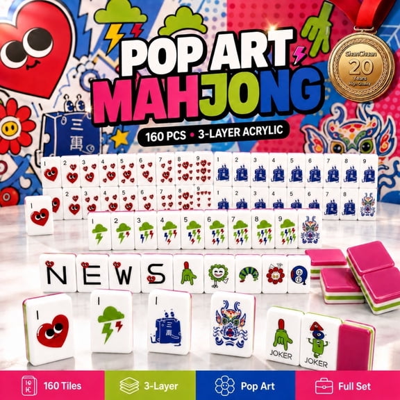 American Mahjong Set, 160-Piece 3-Layer Acrylic Mahjong Tiles with Pop Art Heart, Lightning and Robot Designs, Clear Numbers and English Labels, Carrying Bag, Chips, Dice and Wind Indicator