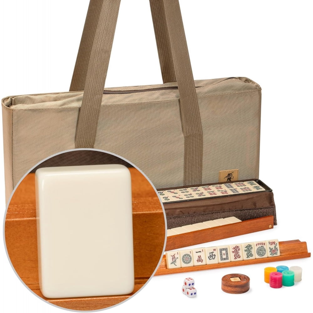 American Mahjong Set - 166 premium white mahjong tiles, 4 integrated tile holders/pushers, canvas bag
