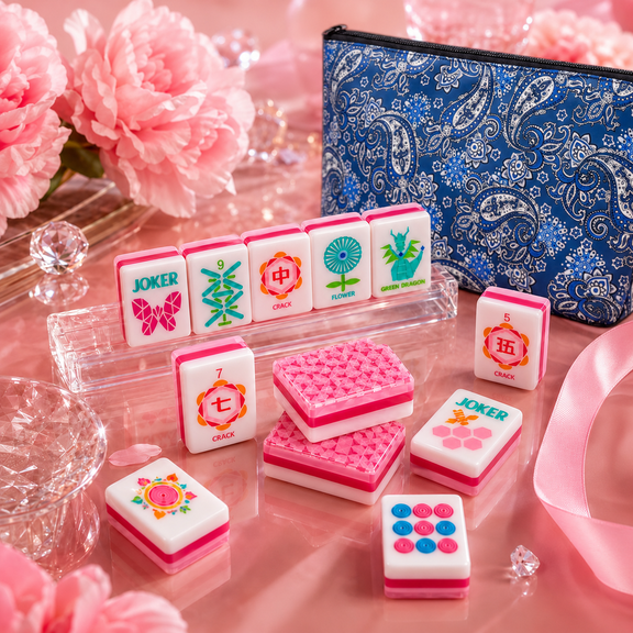 American Mahjong Set, Acrylic Tiles with Geometric Back Design for Travel, Parties and Game Nights