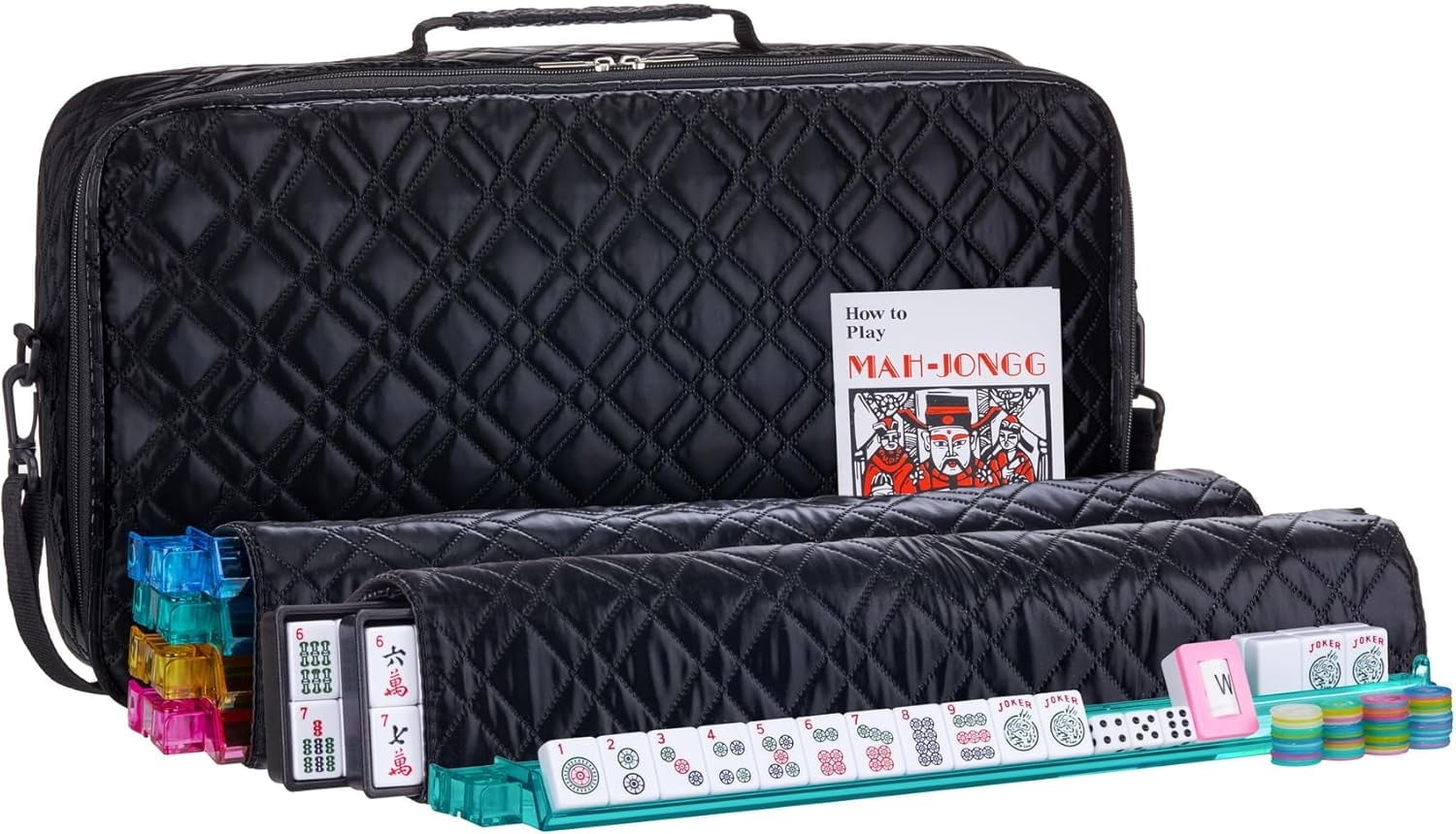 American Mahjong Set “Black - Quilted PU Leather Carrying Bag with Shoulder Strap & Handles, All-in-One Tile Racks with Pushers, 166 Engraved Tiles, Dice, Bettor, Extra Tiles & Instructions
