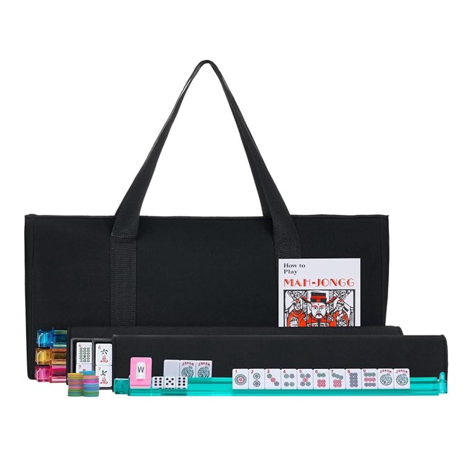 American Mahjong Set - Black Soft Bag - 166 White Engraved Tiles, 4 All-in-One Rack/Pushers Western Mah Jongg Game Set