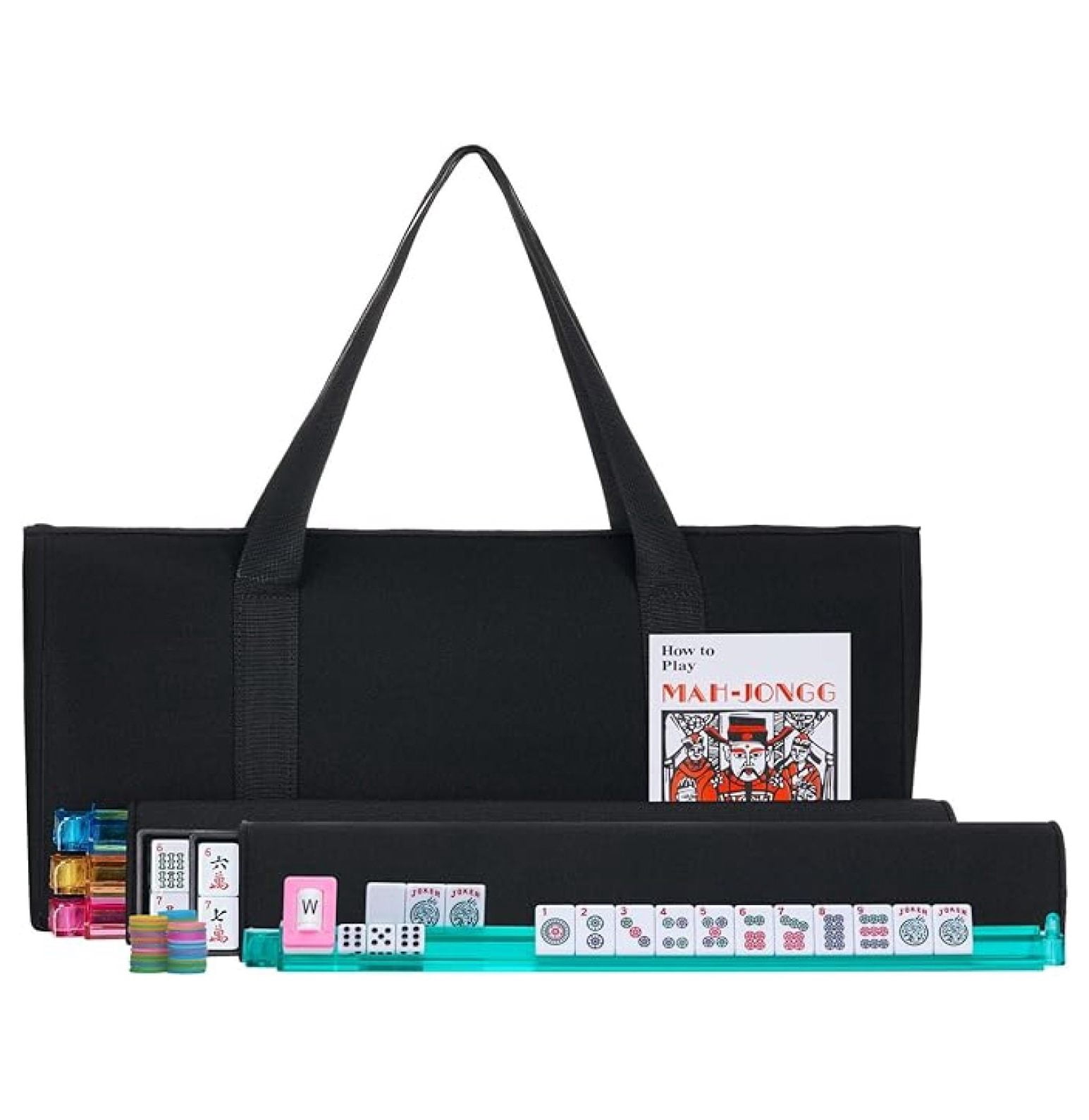 American Mahjong Set - Black Soft Bag - 166 White Engraved Tiles, 4 All-in-One Rack/Pushers Western Mah Jongg Game Set