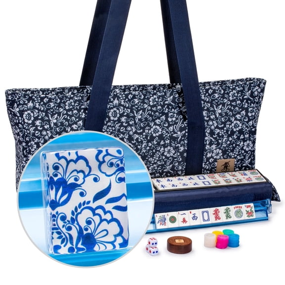 American Mahjong Set, "Chinoise II" with Floral Blue Soft Case - Racks with Pushers, Scoring Coins, Dice, and Wind Indicator