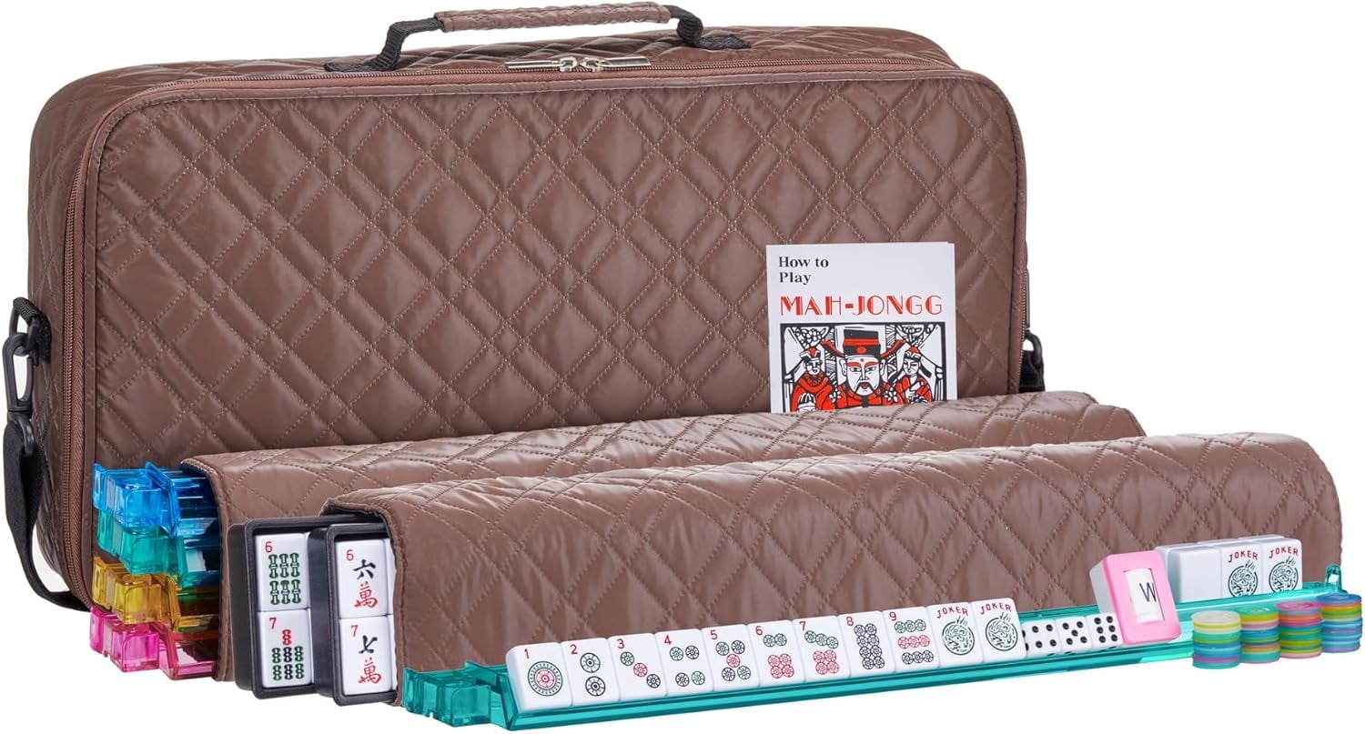 American Mahjong Set “Coffee - Quilted PU Leather Carrying Bag with Shoulder Strap & Handles, All-in-One Tile Racks with Pushers, 166 Engraved Tiles, Dice, Bettor, Extra Tiles & Instructions