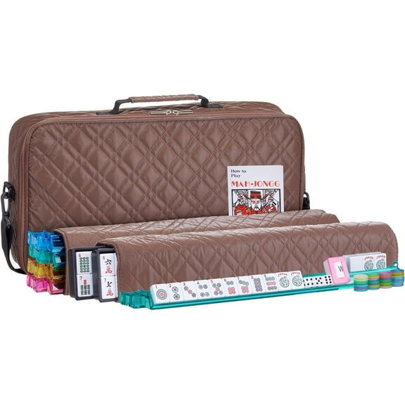 American Mahjong Set Coffee - Quilted PU Leather Carrying Bag with Shoulder Strap & Handles, All-in-One Tile Racks with Pushers, 166 Engraved Tiles, Dice, Bettor, Extra Tiles & Instructions